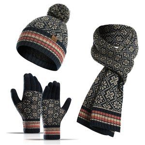3 Piece - Navy Blue Glove Scarf Hat Set